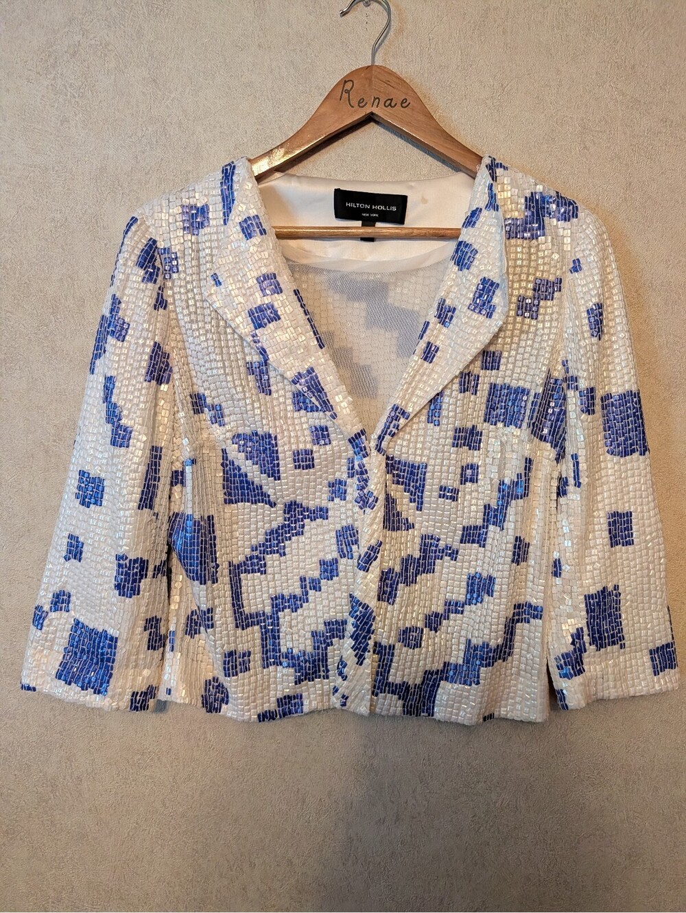 HILTON HOLLIS white blue sequin blazer sz 4
